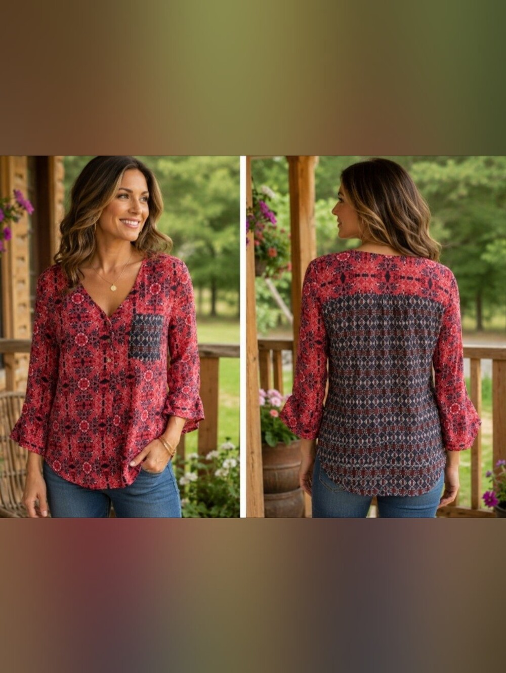 Fred David Red Black Button Down Long Sleeve V Neck Boho Blouse Medium